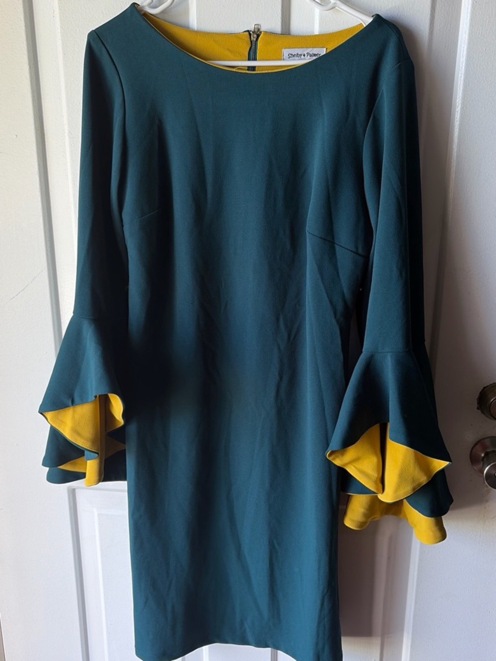 Shelby & Palmer Teal Dress with Mustard Lining and Bell Sleeves